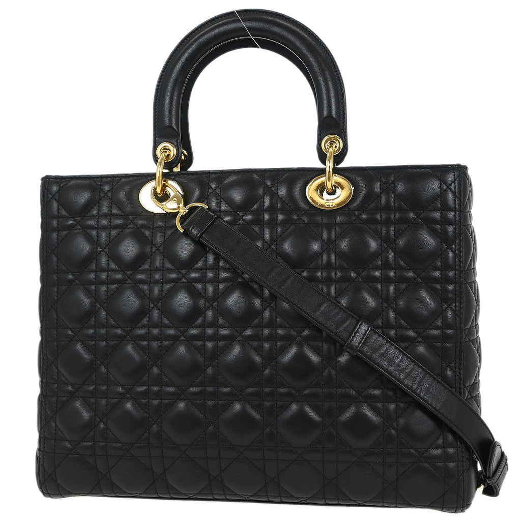 Christian Dior Black Lambskin Large Lady Dior Cannage 2way Handbag