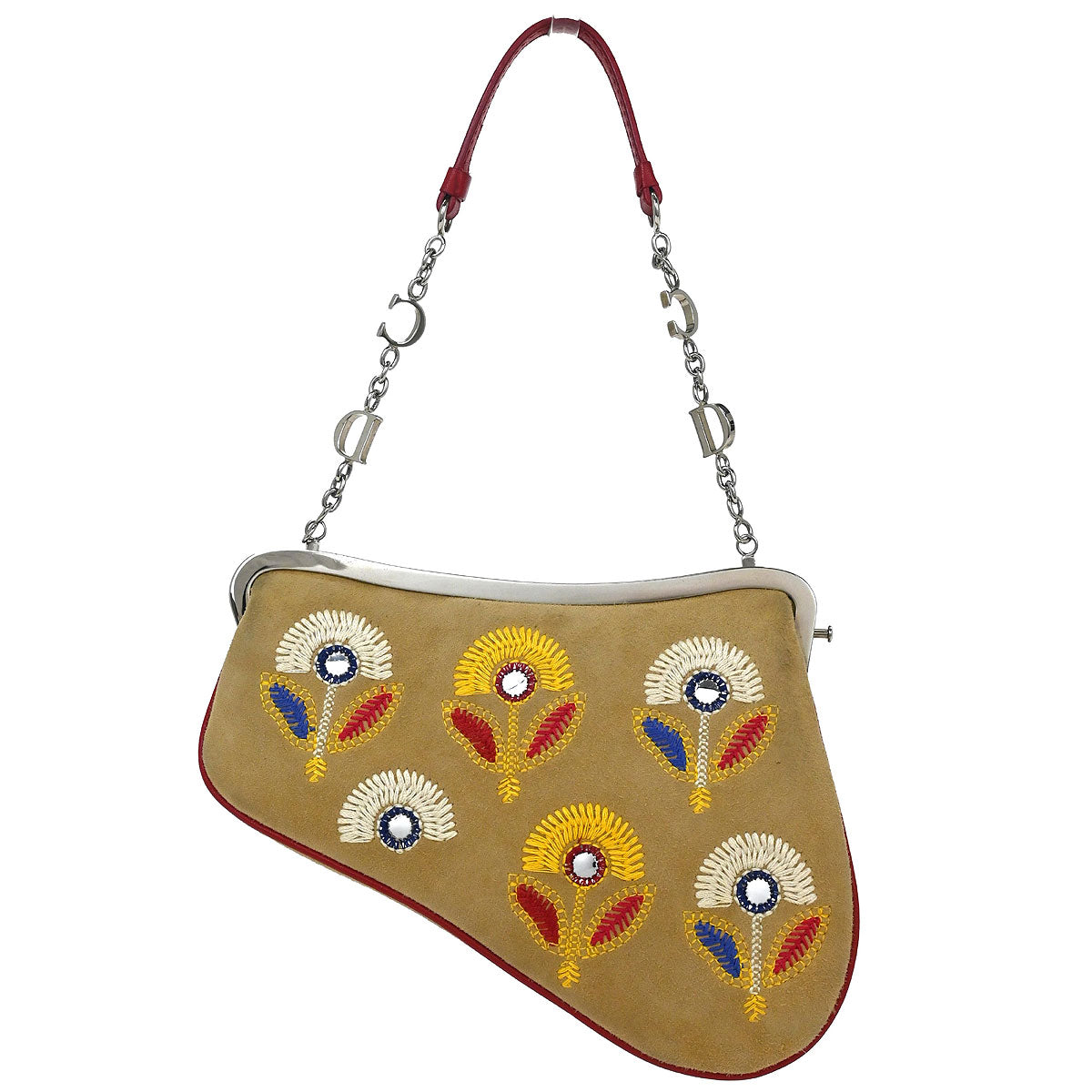 Christian Dior Beige Red Suede Saddle Handbag
