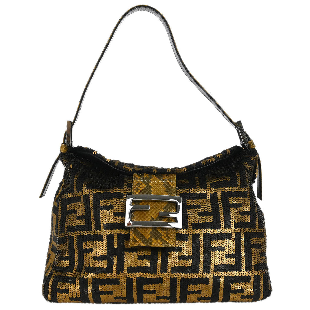 Fendi * Gold Black Sequins Zucca Shoulder Bag