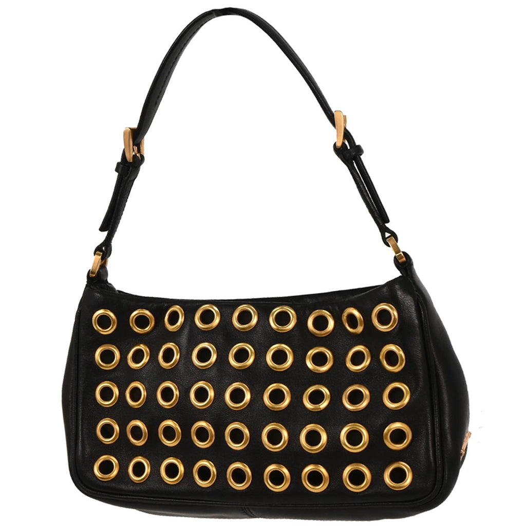 Prada Black Leather Metal Grommet Handbag