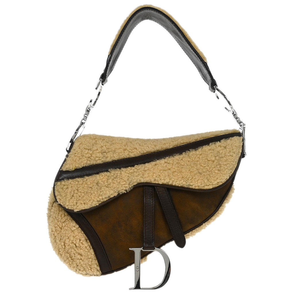 Christian Dior Brown Shearling Lambskin Saddle Handbag