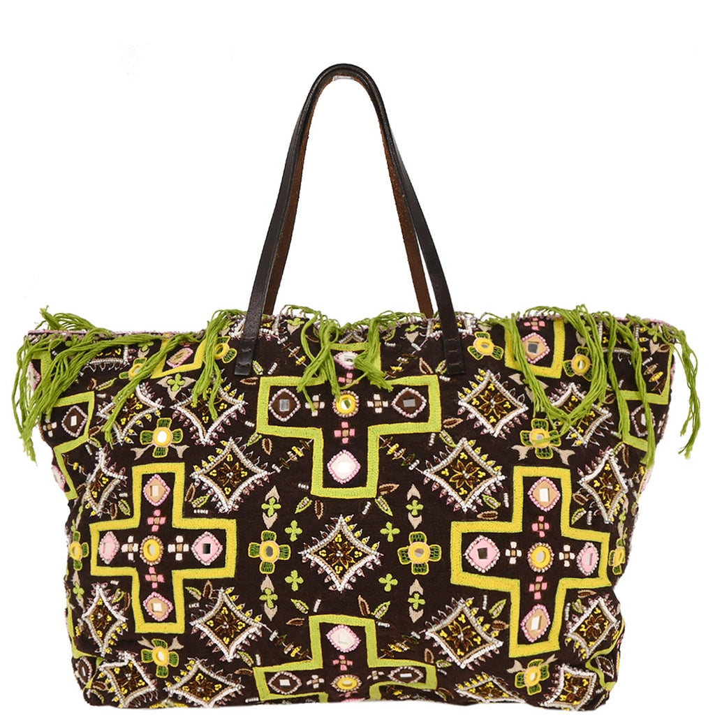 Fendi Brown Canvas Beads Embroidered Tote Handbag