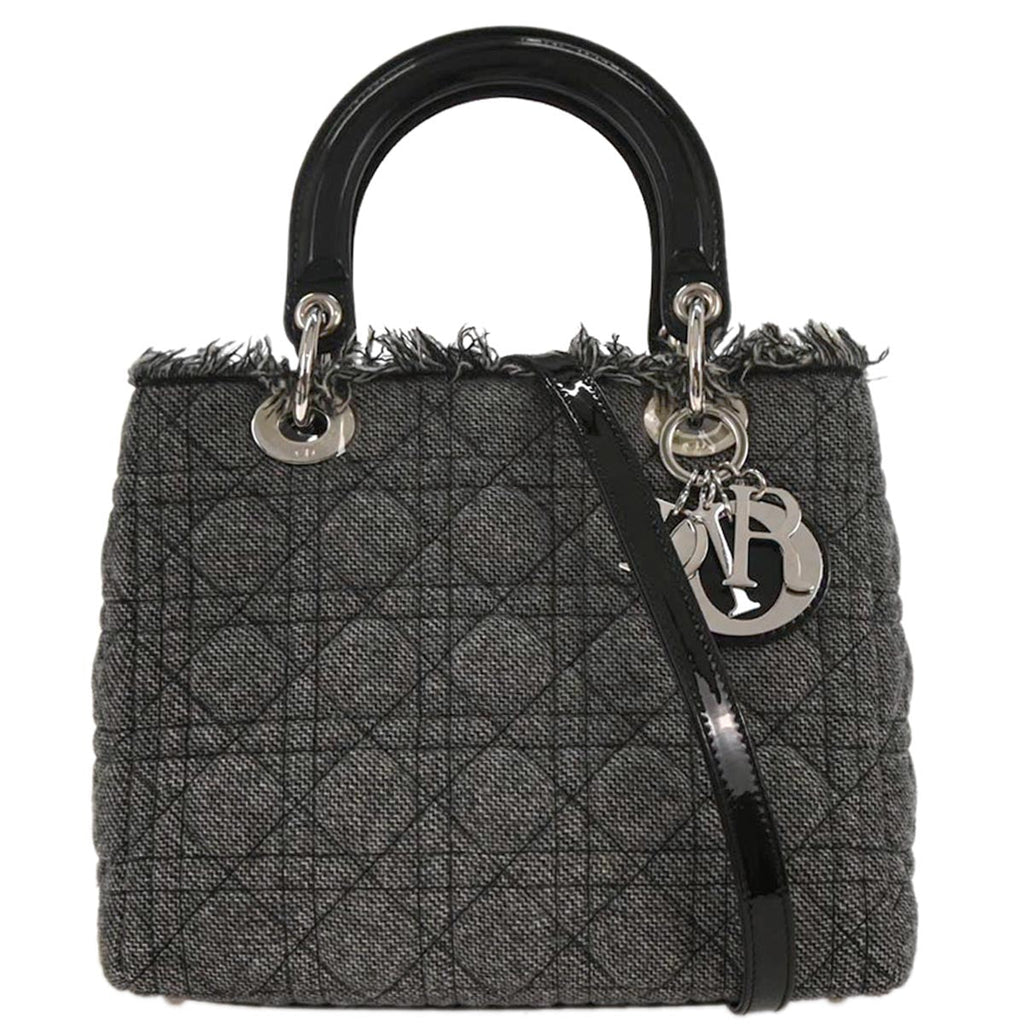 Christian Dior Gray Cotton Medium Lady Dior Cannage 2way Shoulder Handbag