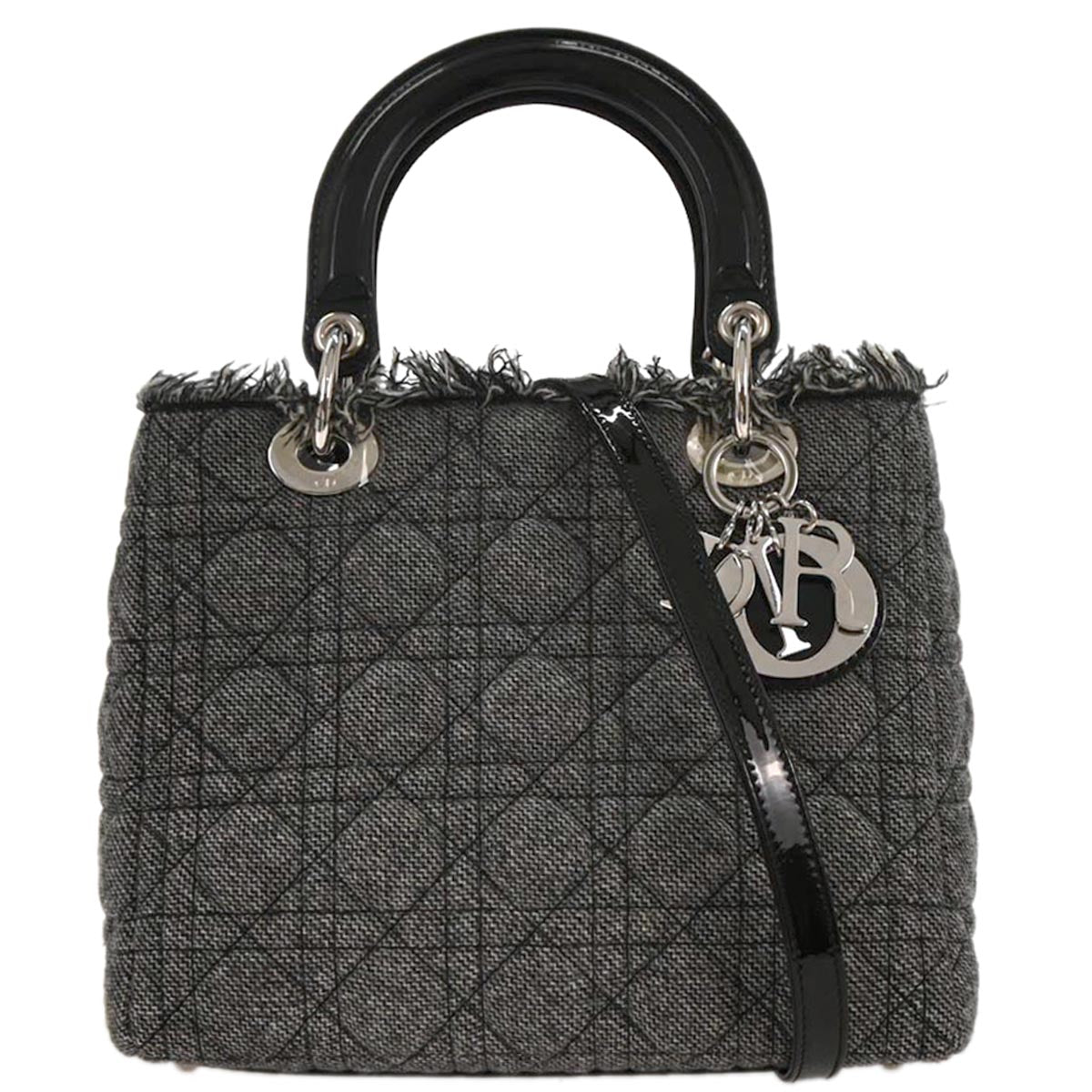 Christian Dior Gray Cotton Medium Lady Dior Cannage 2way Shoulder Handbag