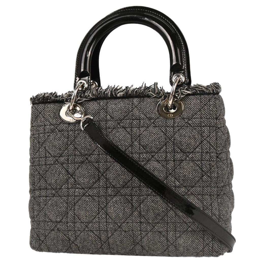 Christian Dior Gray Cotton Medium Lady Dior Cannage 2way Shoulder Handbag