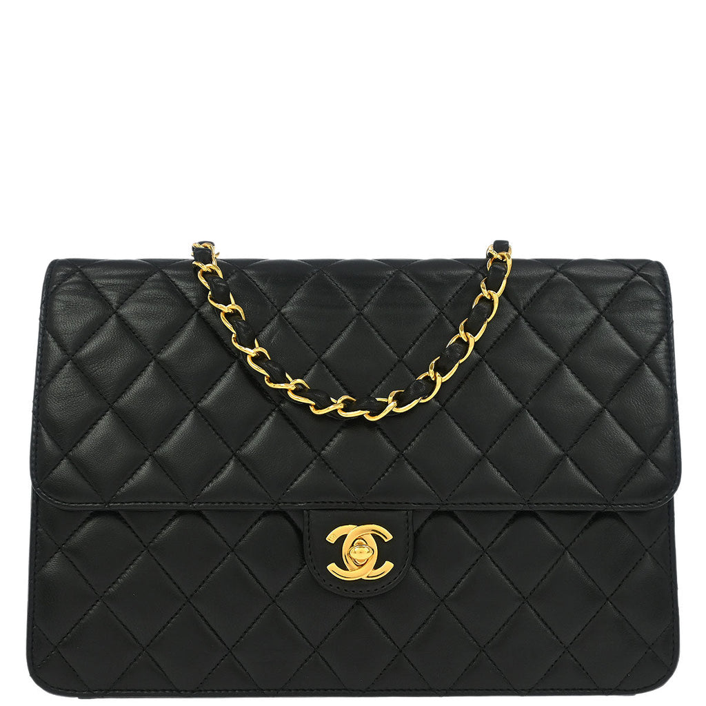 Chanel 2002-2003 Black Lambskin Turnlock Medium Half Flap Shoulder Bag
