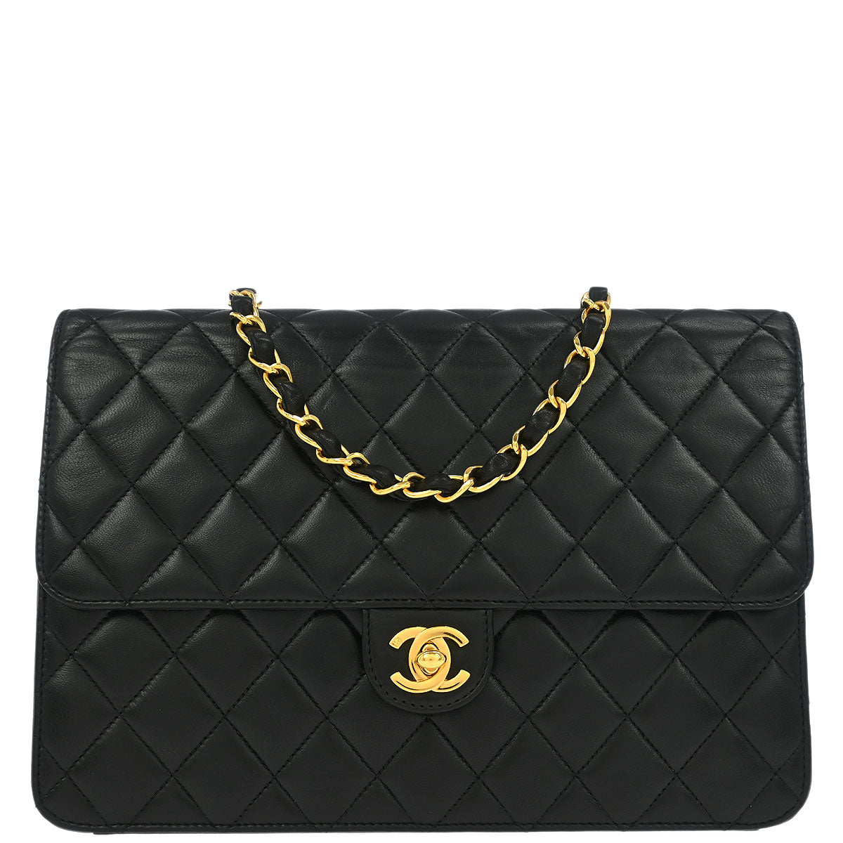 Chanel 2002-2003 Black Lambskin Turnlock Medium Half Flap Shoulder Bag
