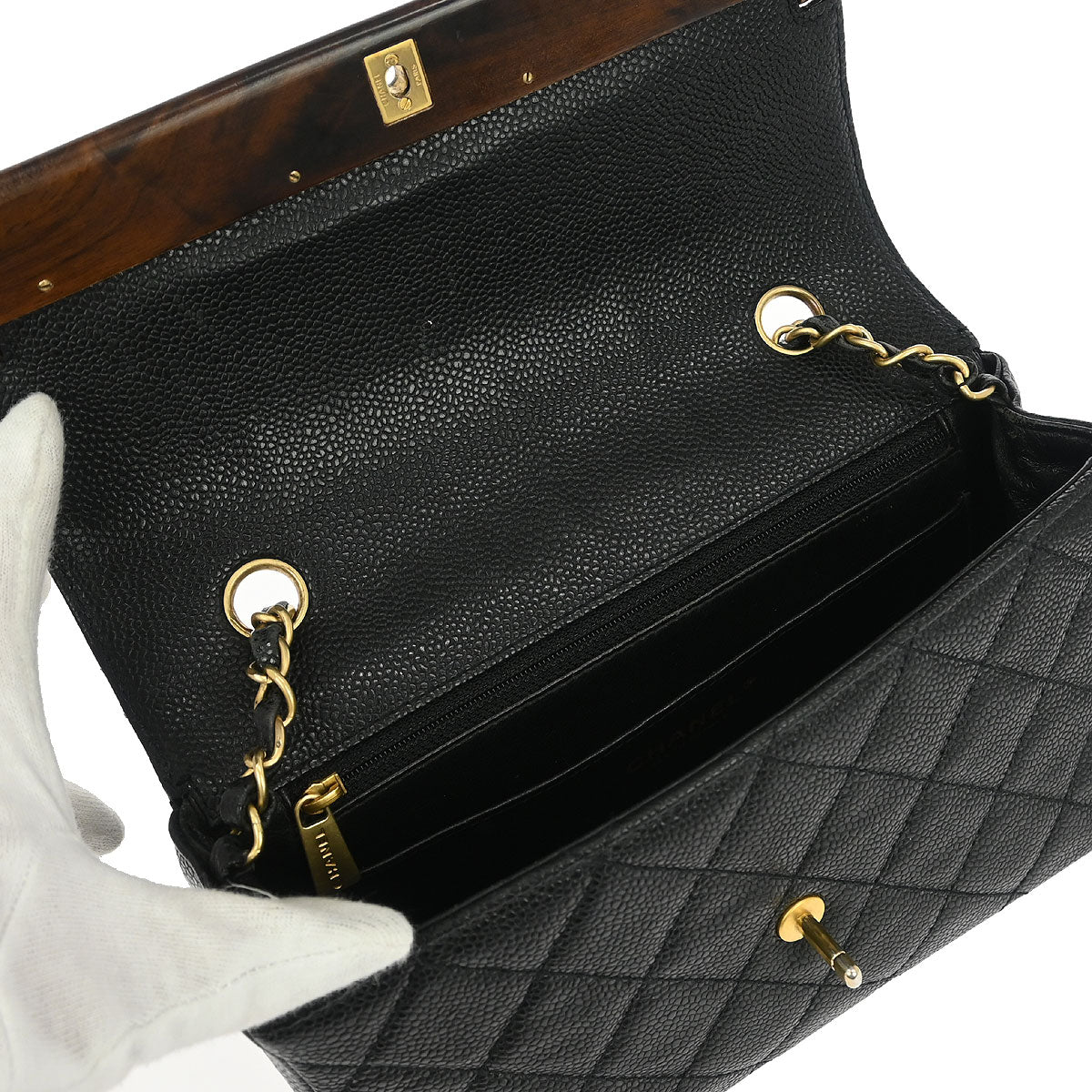 Chanel Black Caviar Wood Straight Flap Shoulder Bag