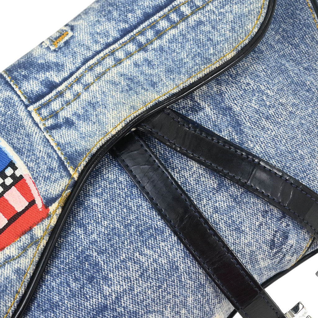 Christian Dior Blue Canvas Denim Print Double Saddle Handbag