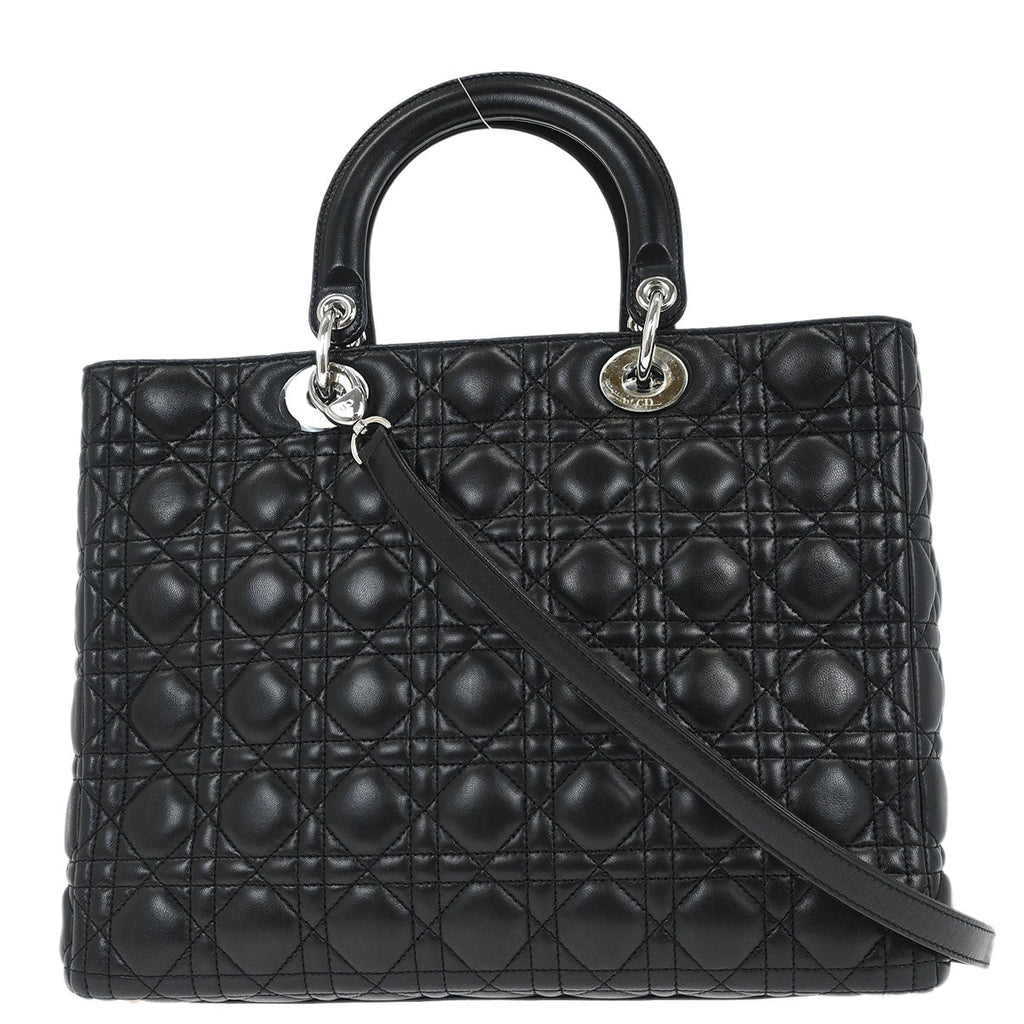 Christian Dior Black Lambskin Large Lady Dior Cannage 2way Shoulder Handbag
