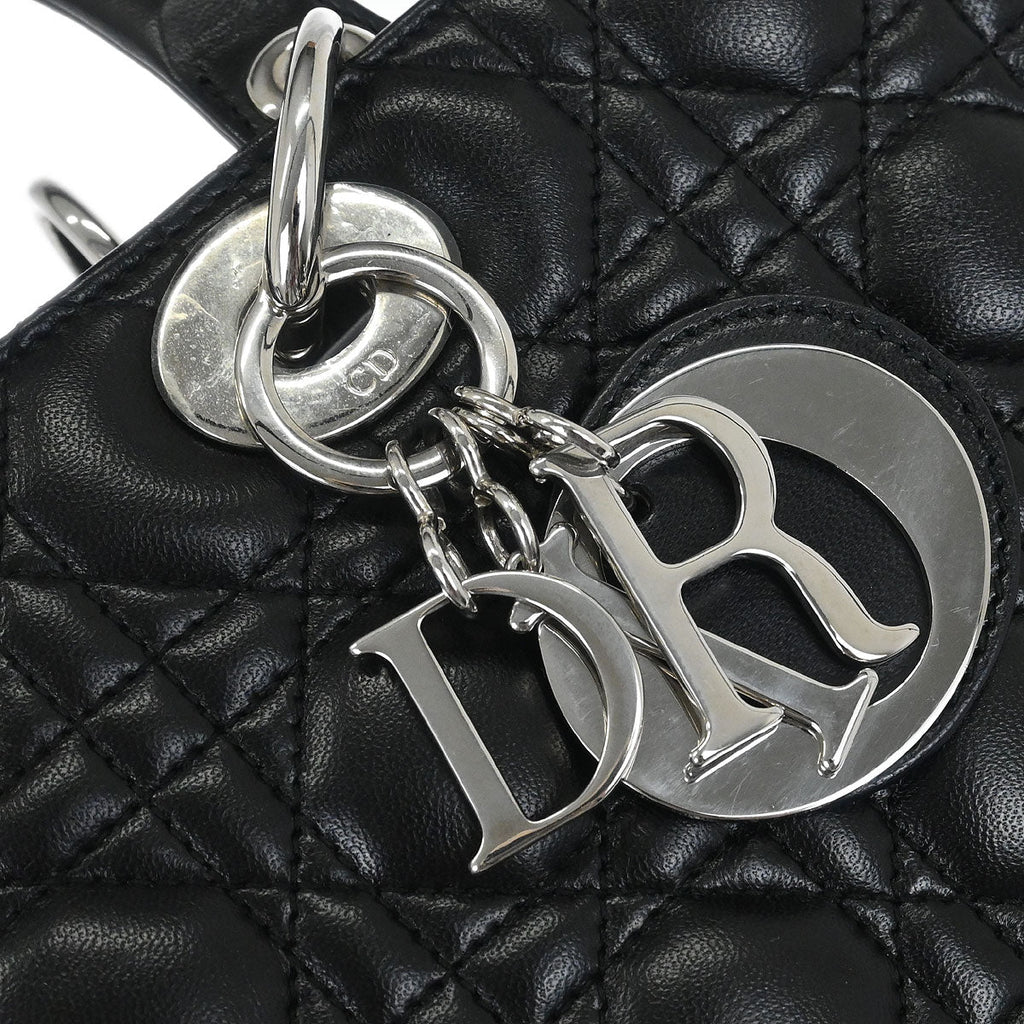Christian Dior Black Lambskin Large Lady Dior Cannage 2way Shoulder Handbag