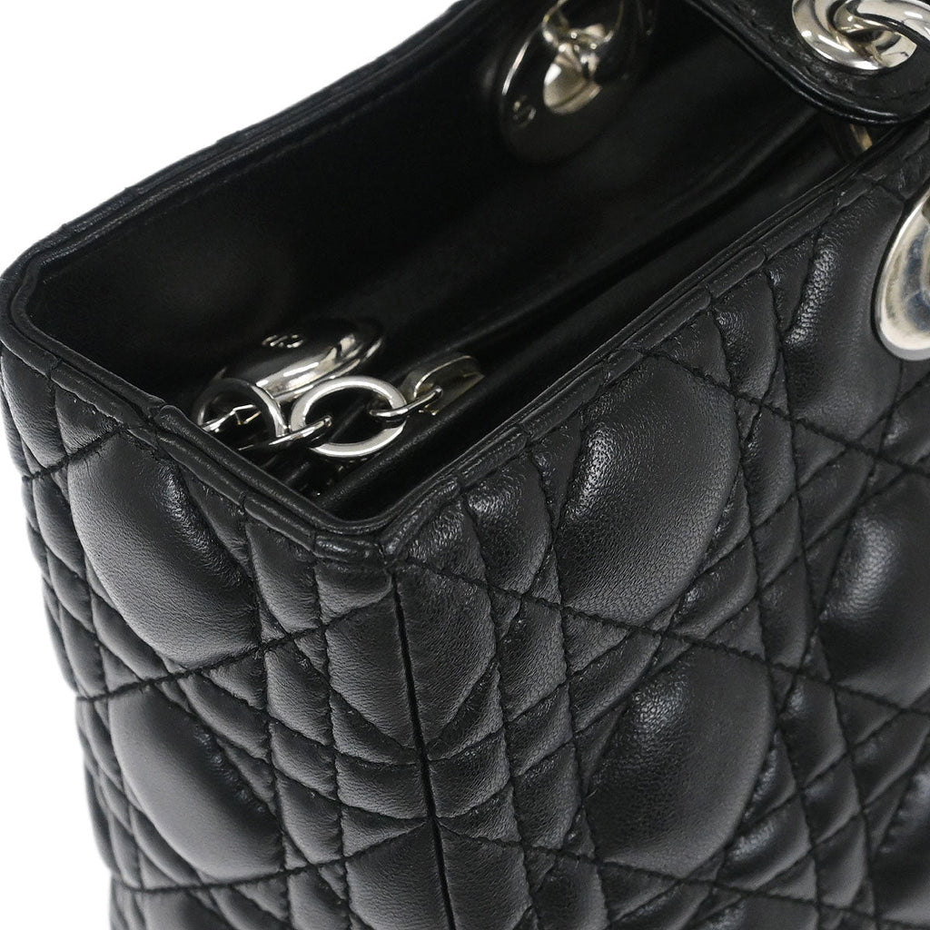 Christian Dior Black Lambskin Large Lady Dior Cannage 2way Shoulder Handbag