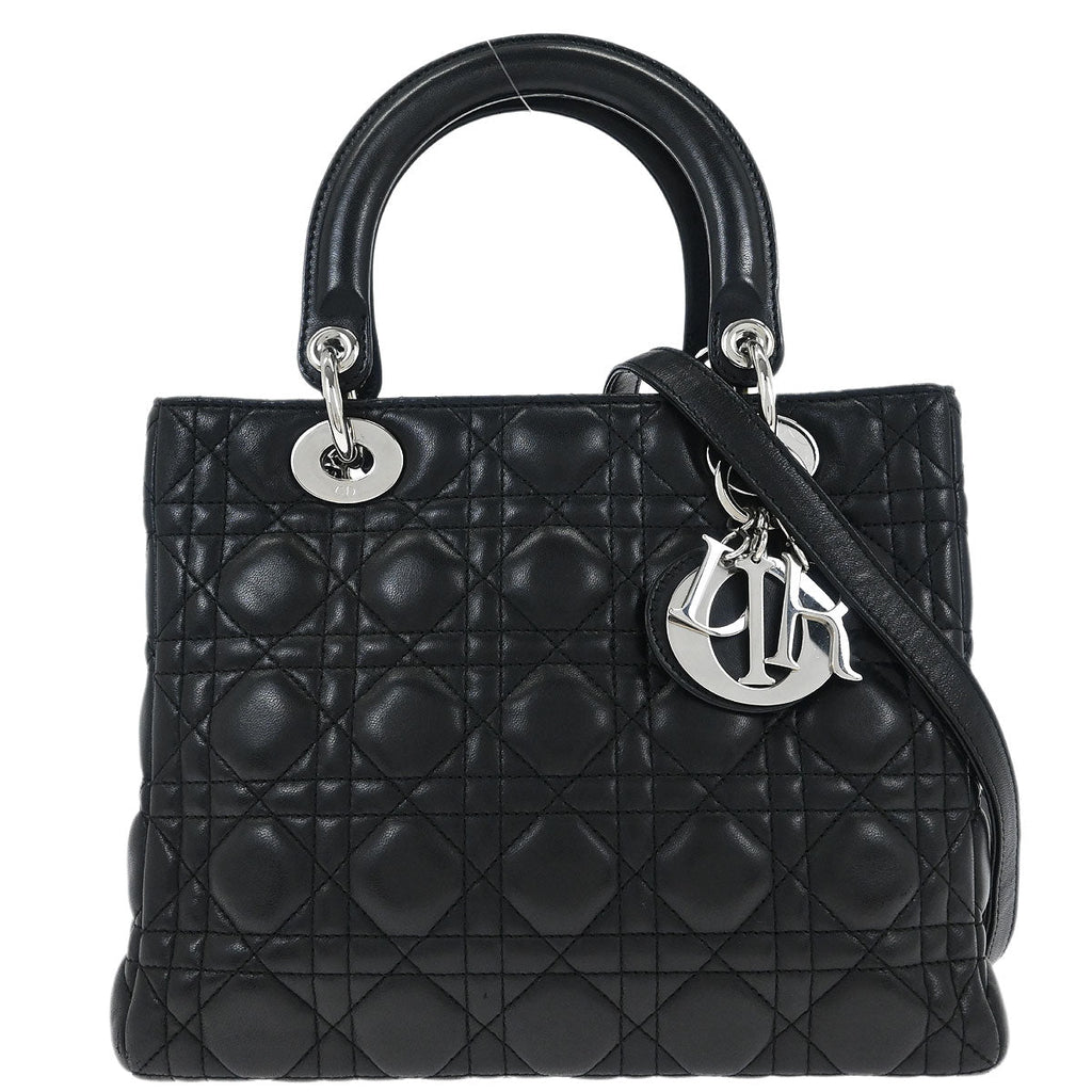 Christian Dior Black Lambskin Medium Lady Dior Cannage 2way Shoulder Handbag