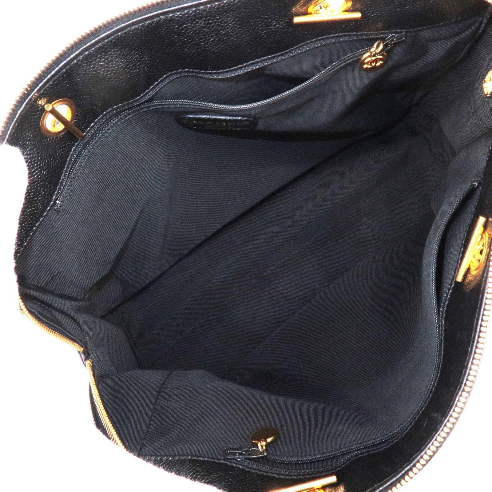 CHANEL Caviar Skin Chain Tote Bag Shoulder Bag Gold Black
