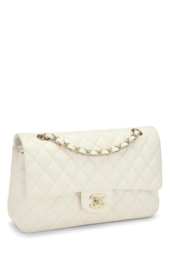 Chanel,  White Quilted Lambskin Classic Double Flap Medium, White