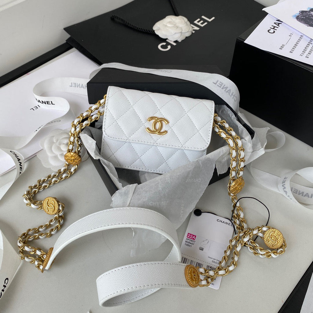 Chanel Clutch With Chain Gold Hardware Grained Shinny White For Women Handbags, Shoulder Bags 4.7in/12cm AP2857