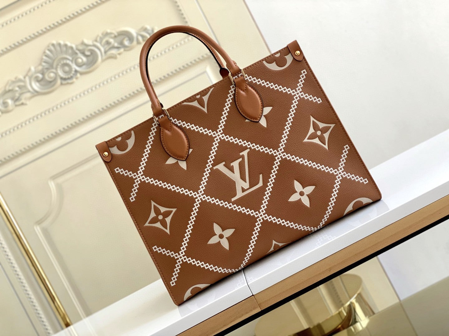 Louis Vuitton Onthego MM Tote Bag Monogram Empreinte Arizona Brown For Women, Women Handbags, Shoulder Bags And Crossbody Bags 13.8in/35cm Louis Vuitton M46015