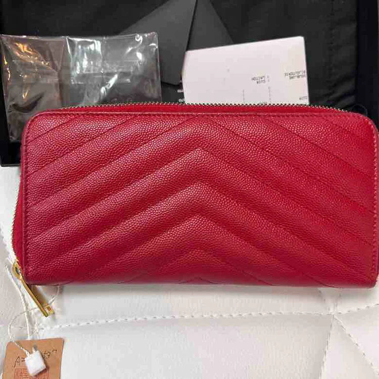 Ysl Classic Monogram Zip Around Matelasse Chevron Wallet, Red Leather
