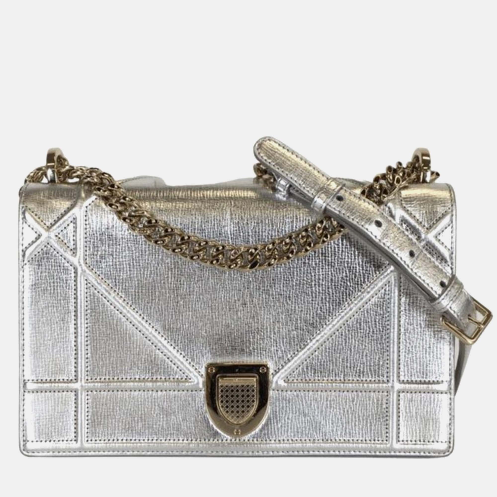 Silver Leather Medium Diorama Shoulder Bag