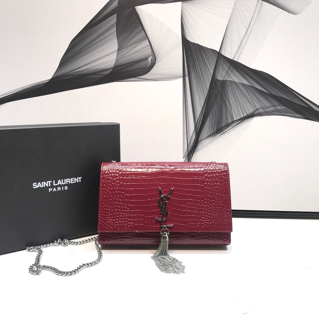 YSSL Kate Medium Chain Bag With Tassel In Embossed Crocodile Burgundy For Women 9in/24cm YSL