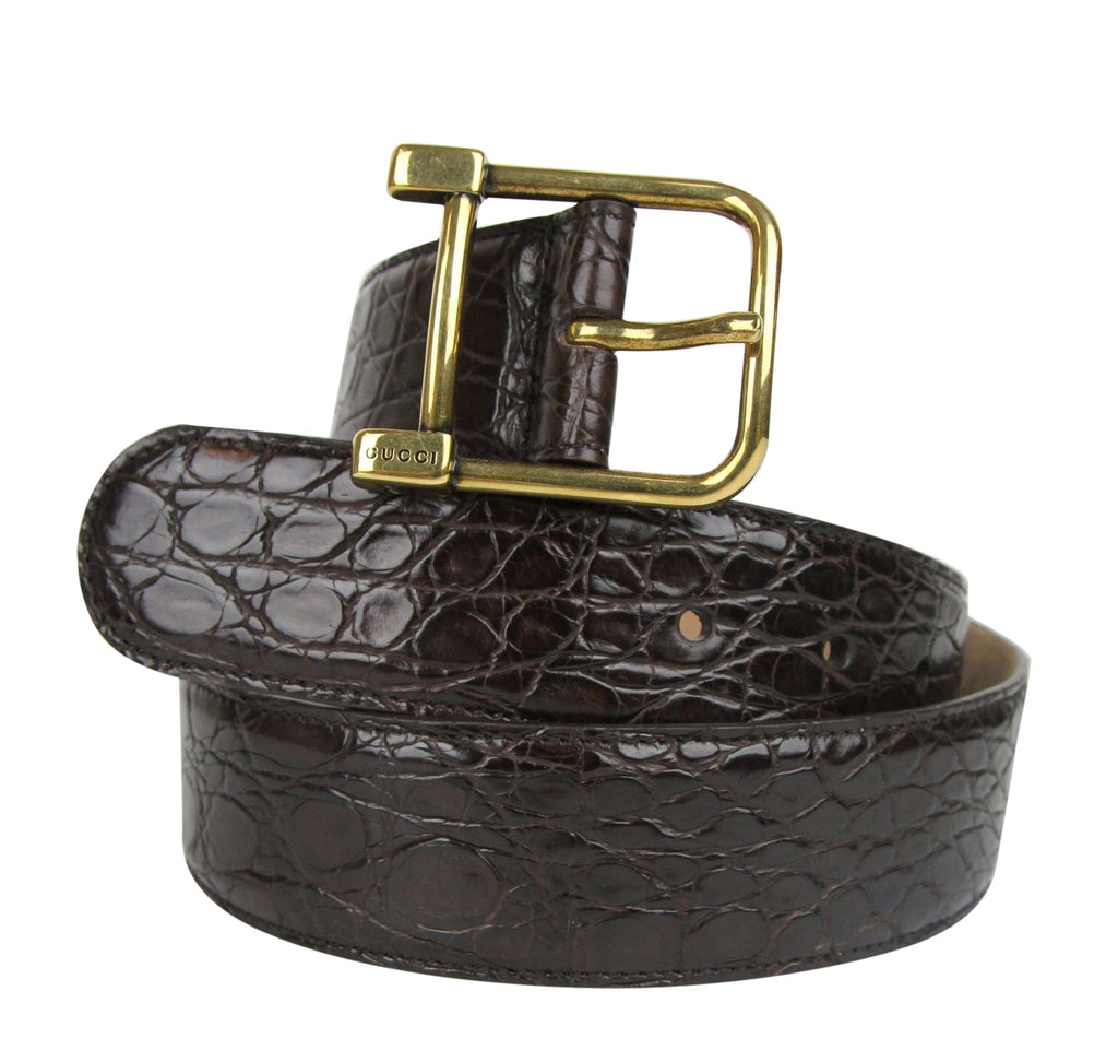 Gucci Women's Gold Square Buckle Dark Brown Crocodile Belt (105 / 42)