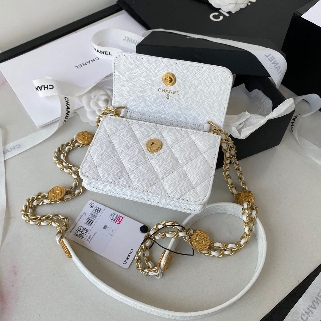 Chanel Clutch With Chain Gold Hardware Grained Shinny White For Women Handbags, Shoulder Bags 4.7in/12cm AP2857