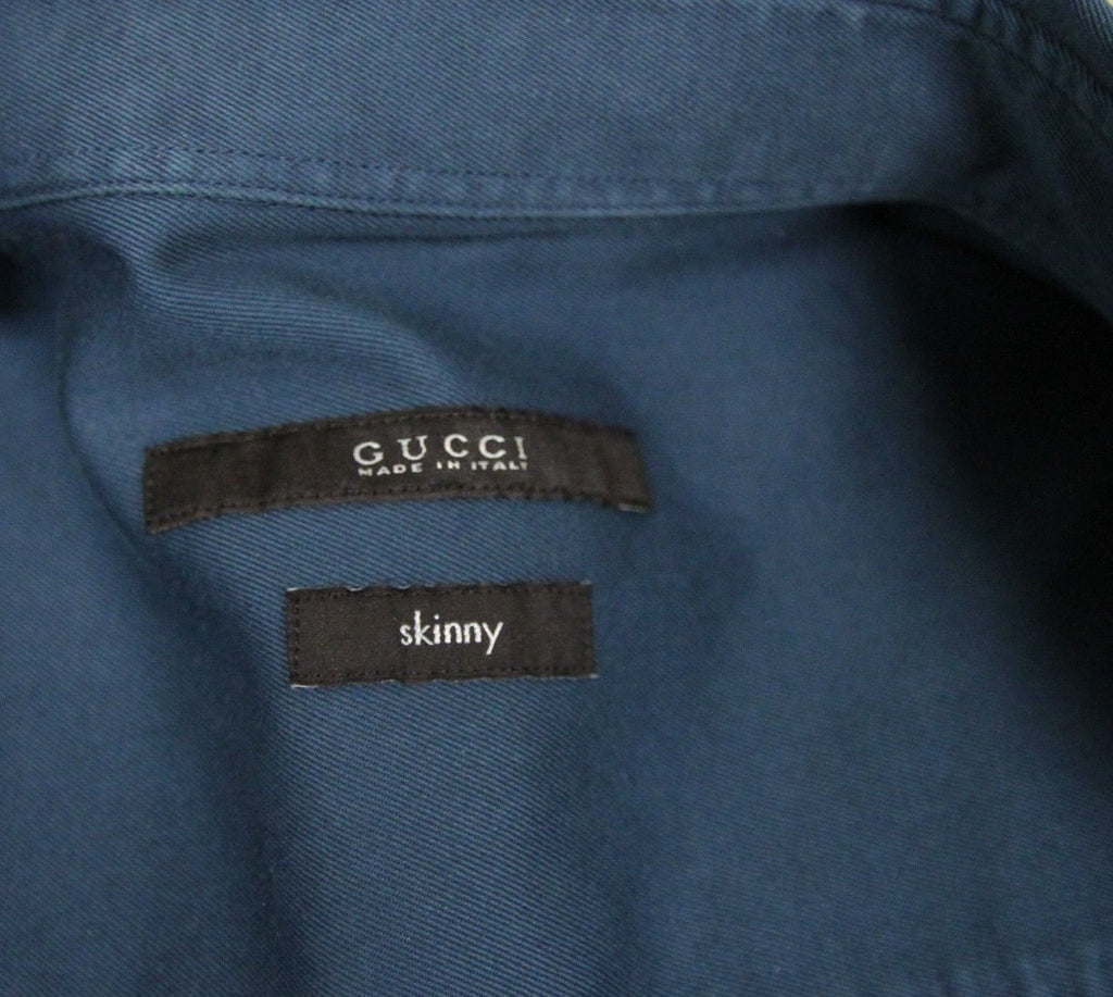 Gucci Men's Skinny Greenish Blue Cotton Dress Shirt