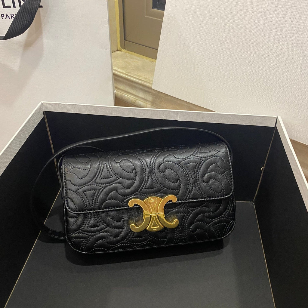 Celine Triomphe Shoulder Bag In Quilted Triomphe Lambskin Black For Women 8in/20cm 194143EF4.38NO