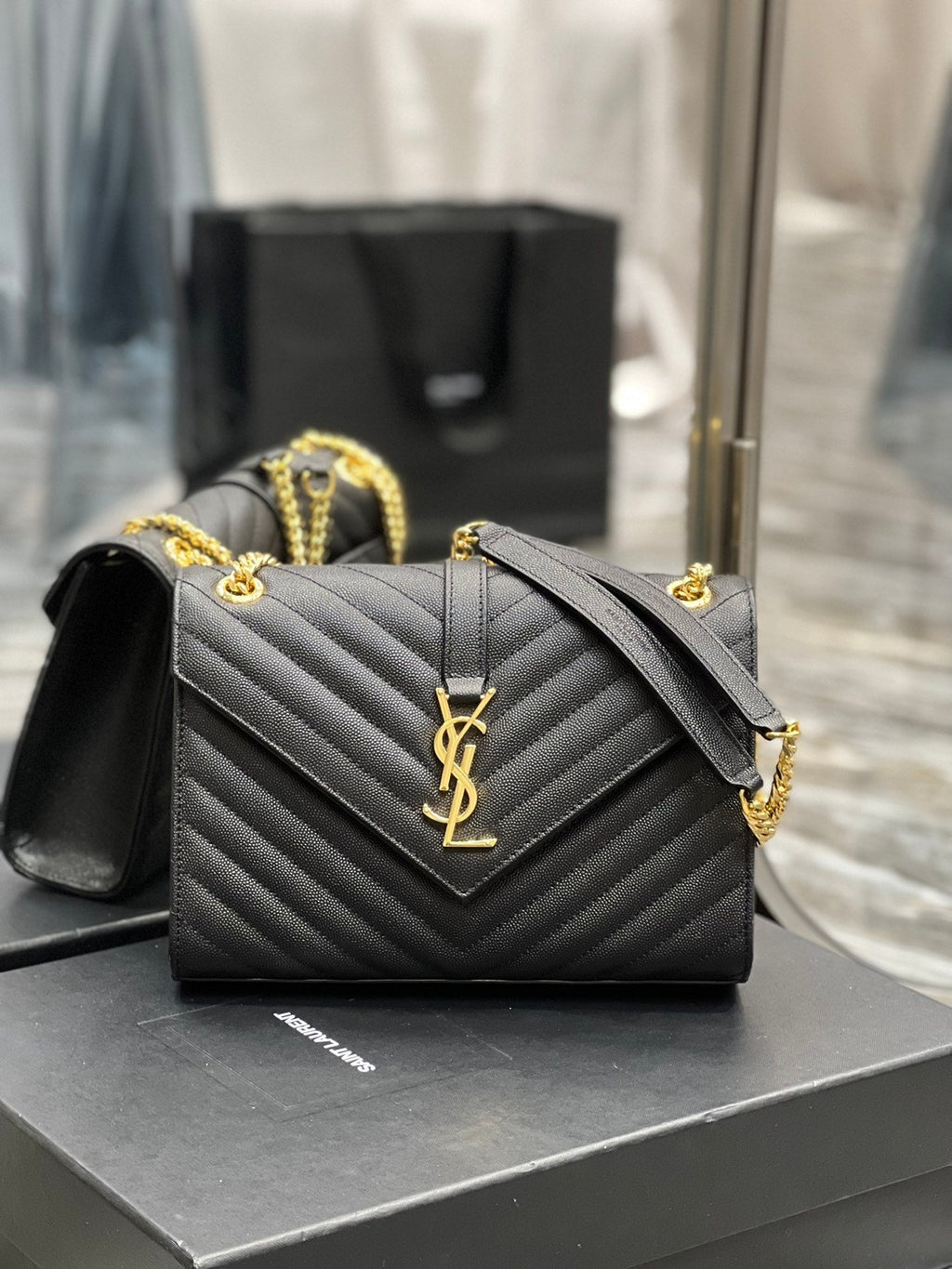 YSSL College Medium Chain Bag Black Gold Toned Hardware For Women 9in/24cm YSL 600279BRM071000