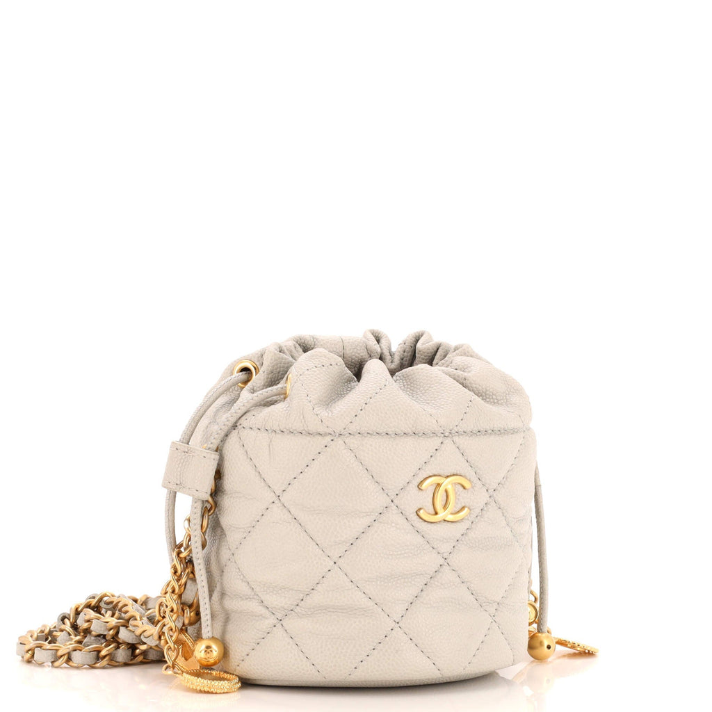 Chanel Medallion Charms Drawstring Bucket Bag Quilted Caviar Mini