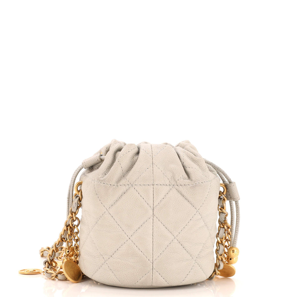 Chanel Medallion Charms Drawstring Bucket Bag Quilted Caviar Mini