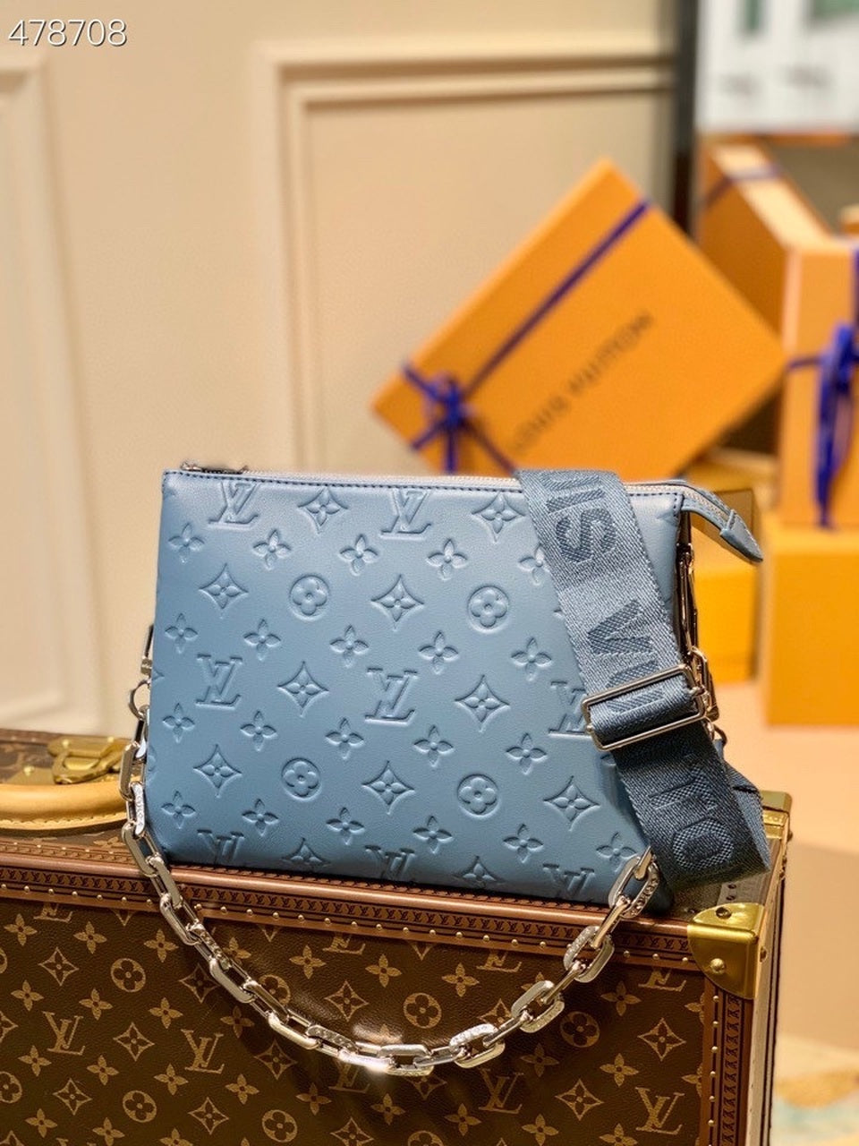 Louis Vuitton Coussin PM Monogram Embossed Puffy Light Blue For Women, Women’s Handbags, Shoulder And Crossbody Bags 10.2in/26cm Louis Vuitton