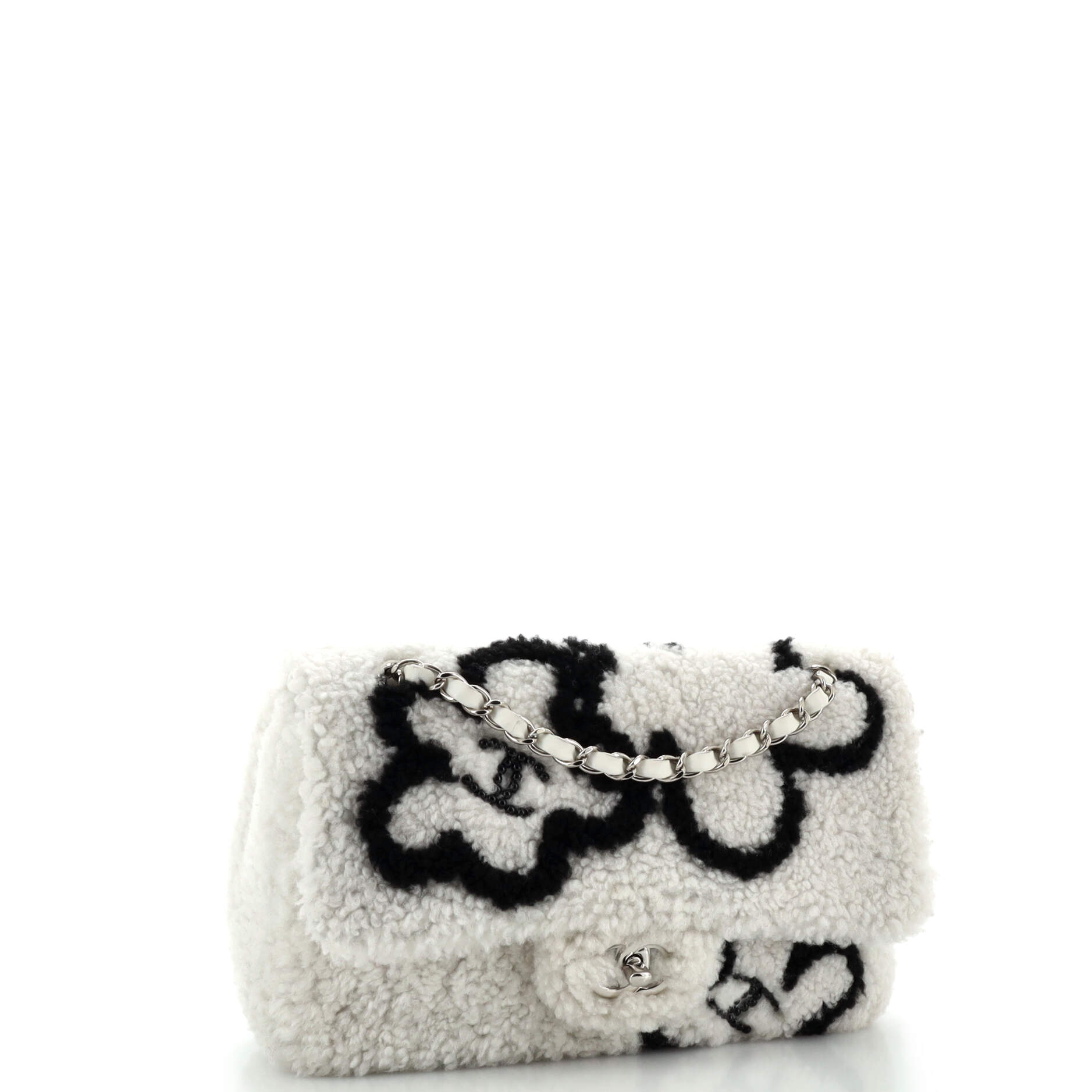 Chanel Classic Single Flap Bag Pearl Embellished Shearling Jumbo