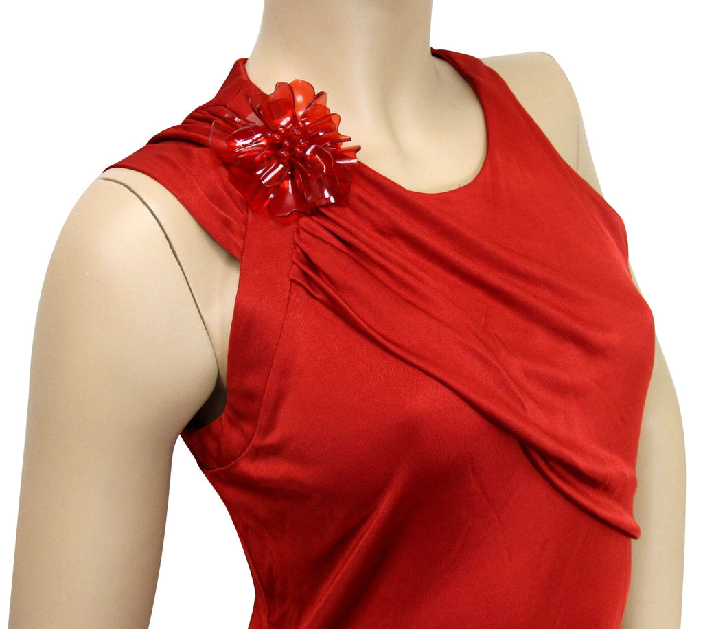 Gucci Women's Red Rayon Dress With Flower Brooch