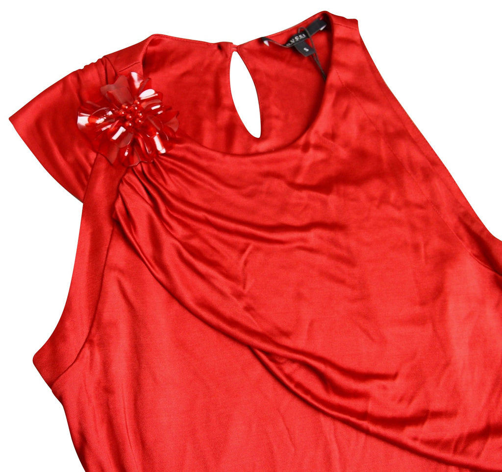 Gucci Women's Red Rayon Dress With Flower Brooch