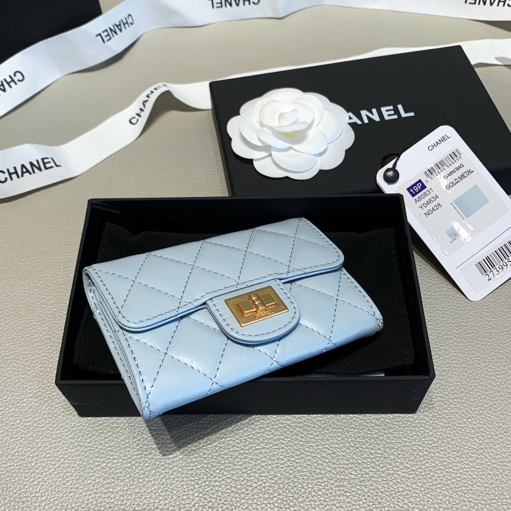 Chanel CHL 2.55 FLAP CARD HOLDER LIGHT BLUE WALLET