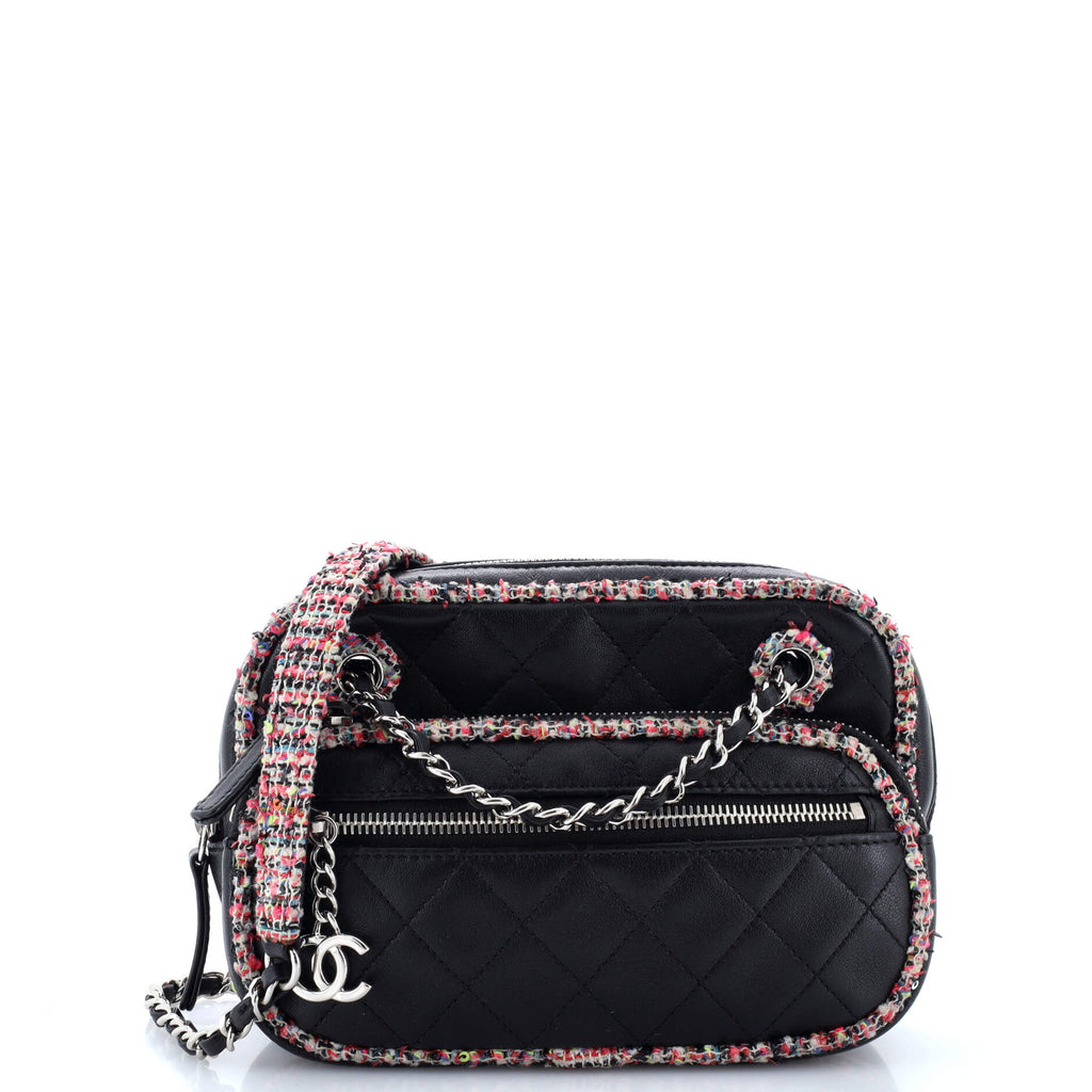 Chanel Elegant Trim Front Zip Camera Bag Quilted Lambskin with Tweed Small