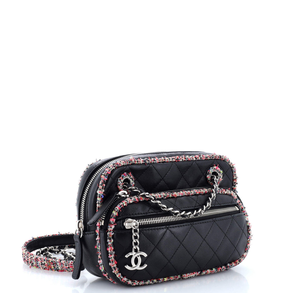 Chanel Elegant Trim Front Zip Camera Bag Quilted Lambskin with Tweed Small