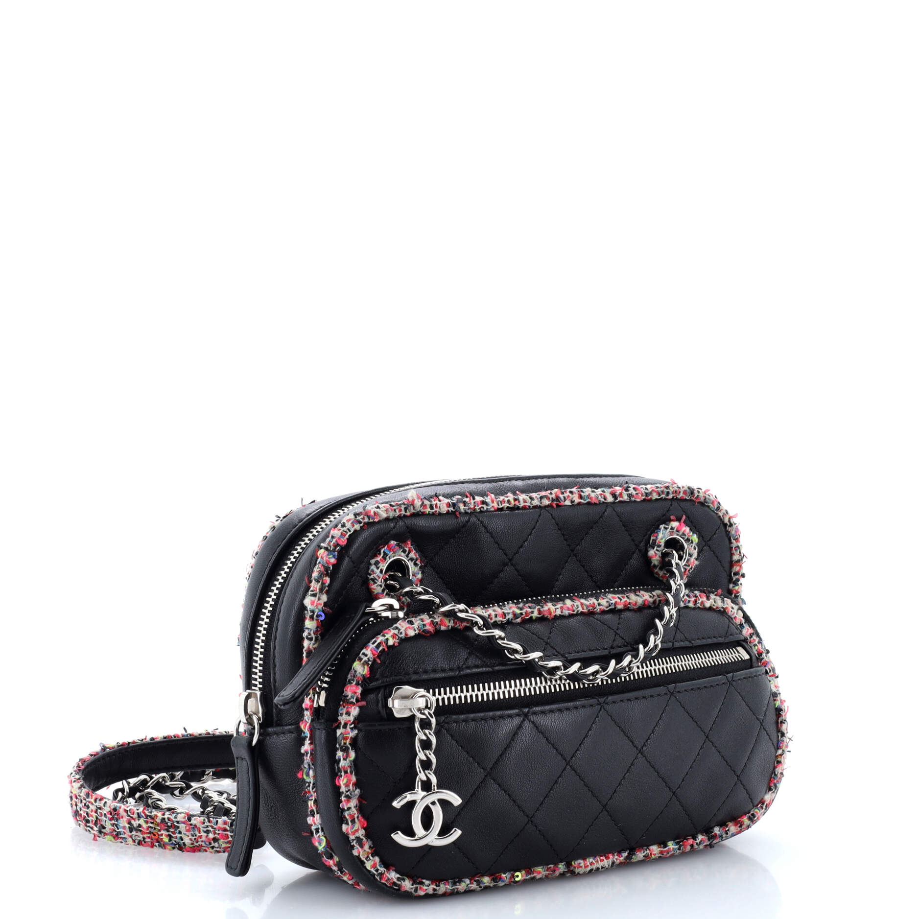 Chanel Elegant Trim Front Zip Camera Bag Quilted Lambskin with Tweed Small