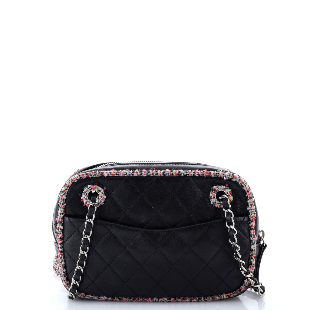 Chanel Elegant Trim Front Zip Camera Bag Quilted Lambskin with Tweed Small