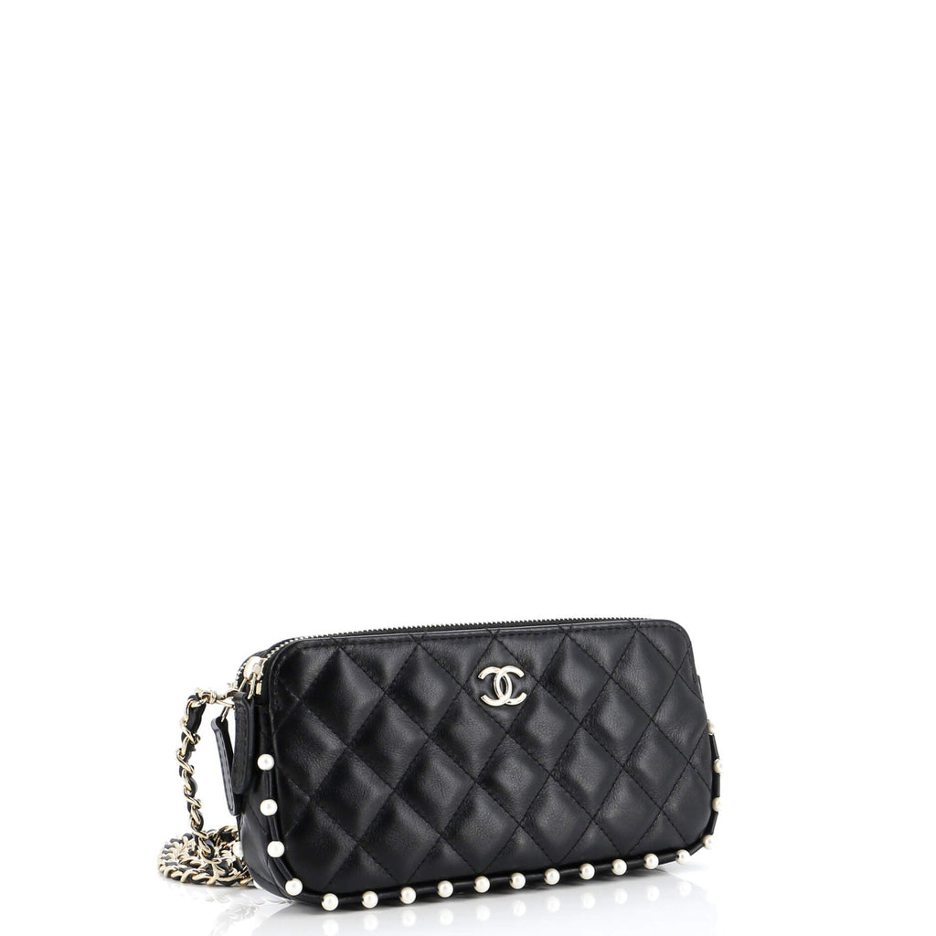 Chanel Double Zip Clutch with Chain Quilted Calfskin with Pearl Detail