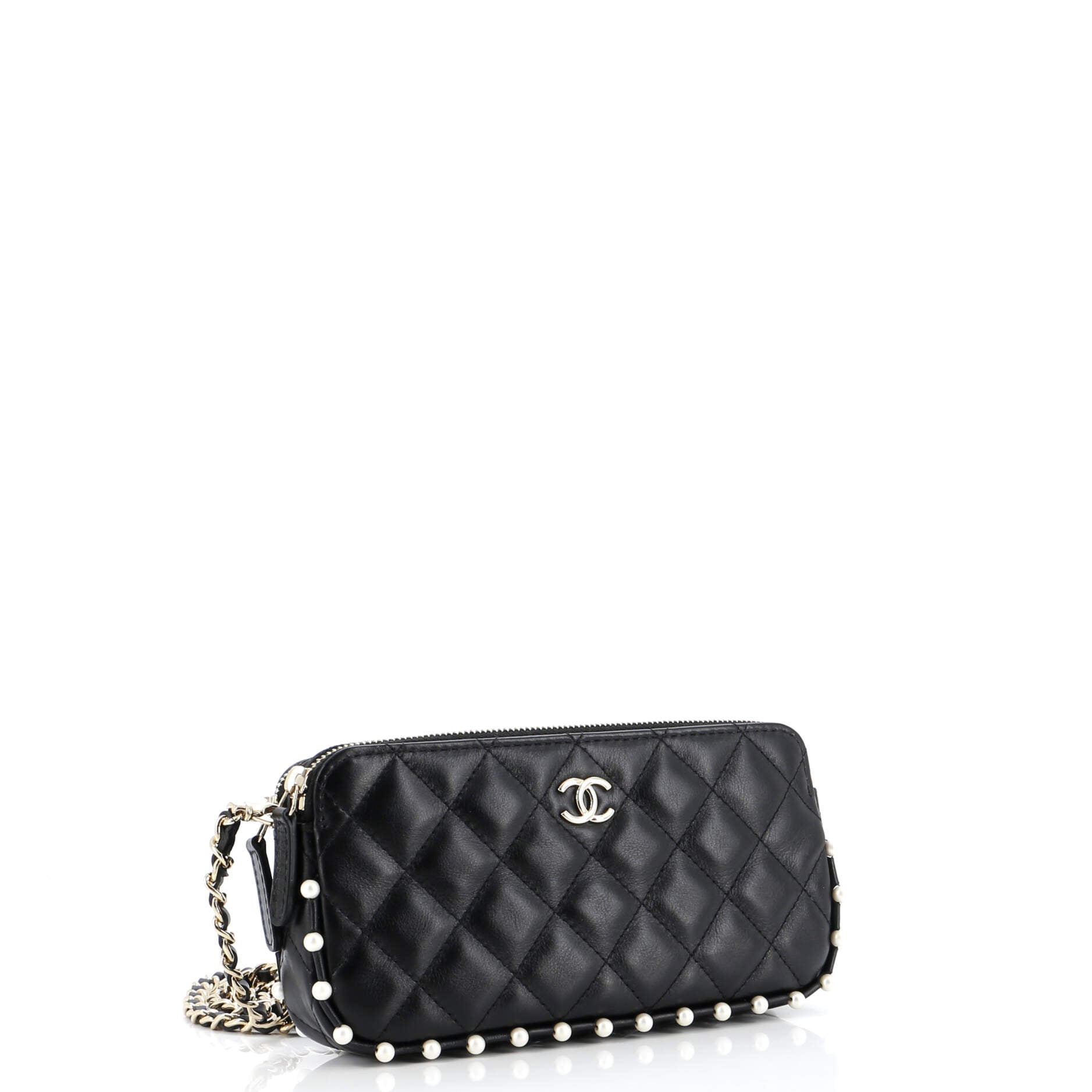 Chanel Double Zip Clutch with Chain Quilted Calfskin with Pearl Detail