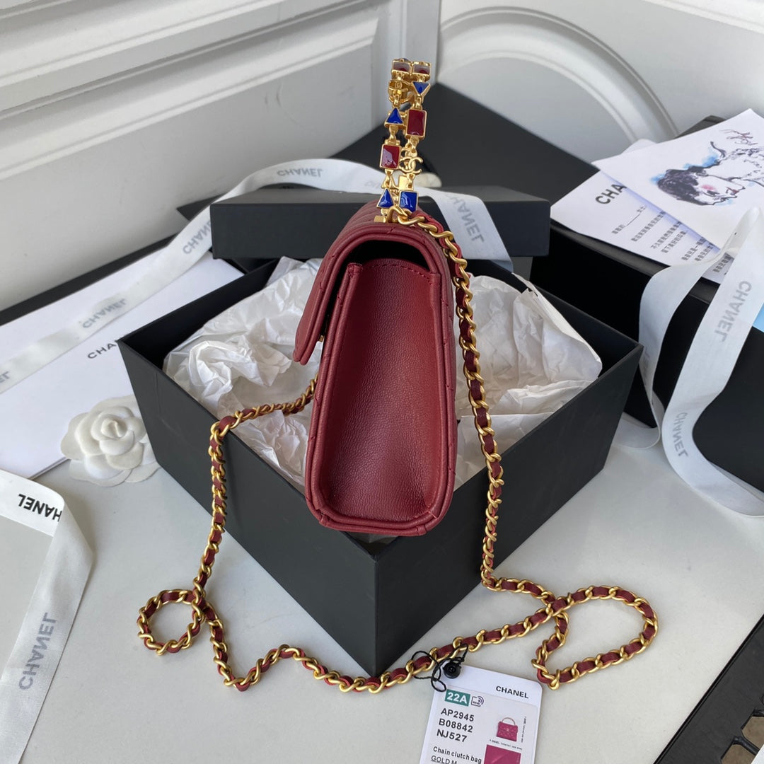 Chanel Clutch With Chain Gold Hardware Red For Women Handbags, Shoulder Bags 5.7in/14.5cm