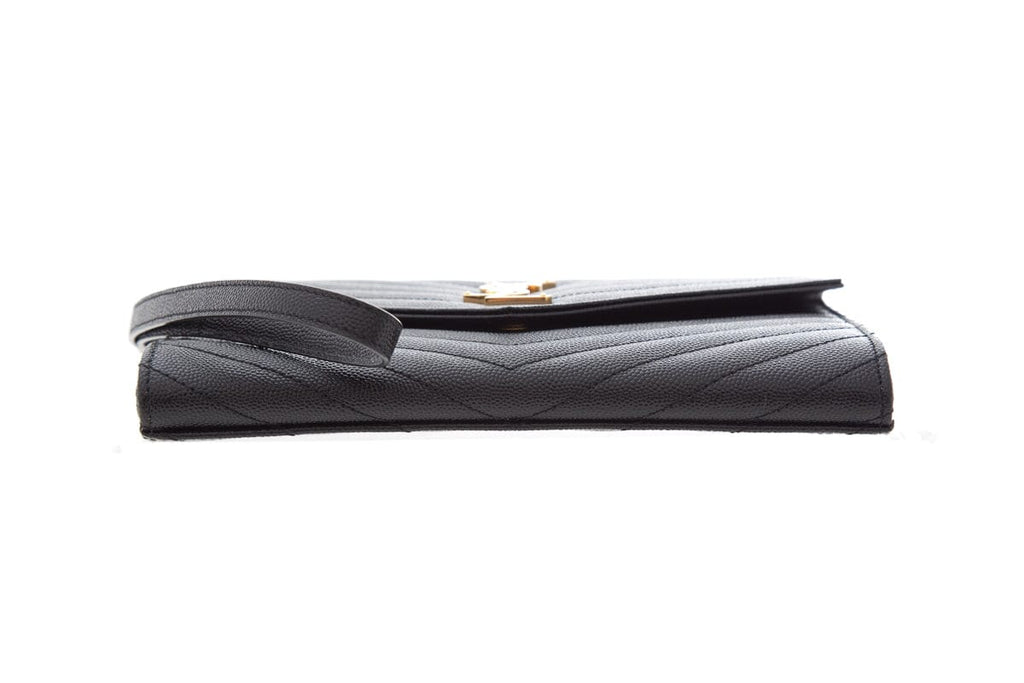 YSL Matelasse Grain De Poudre Black Leather Envelope Flap Pouch Clutch Bag