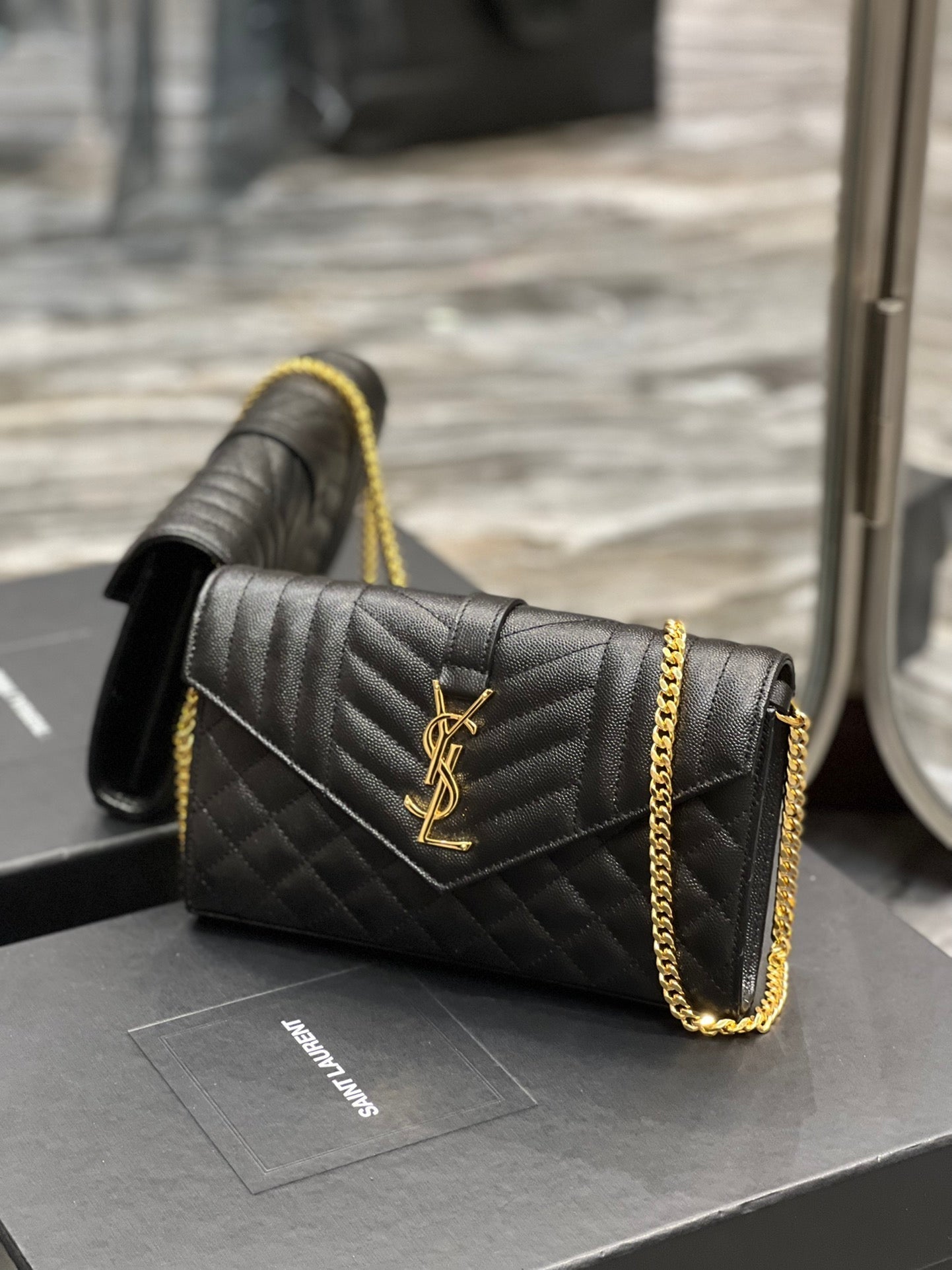 YSSL Envelope Small Chain Bag Black For Women, Women’s Bags 8in/22cm YSL