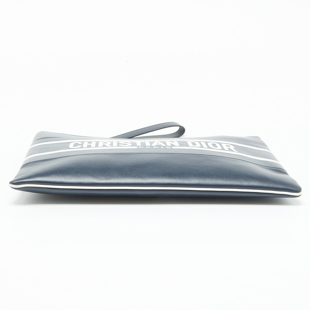 Dior Navy Blue/white Leather Logo Vibe Zip Clutch