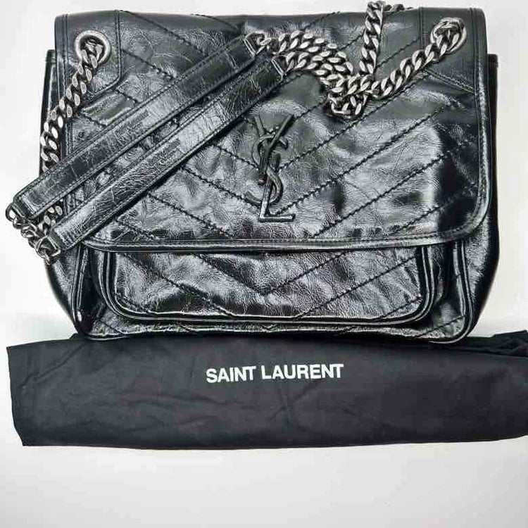 Ysl Crinkled Calfskin Matelasse Monogram Baby Niki Chain Satchel, Black Leather, MeDiorum