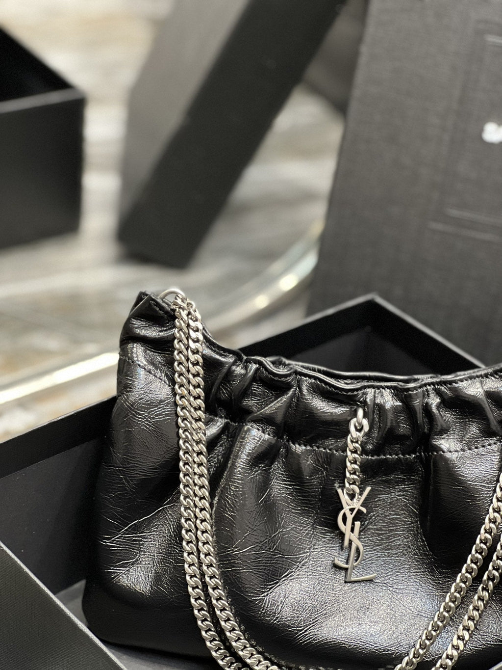 Top Quality Hobo Mini Bag Black With Silver Hardware For Women 9.4in/24cm YSl