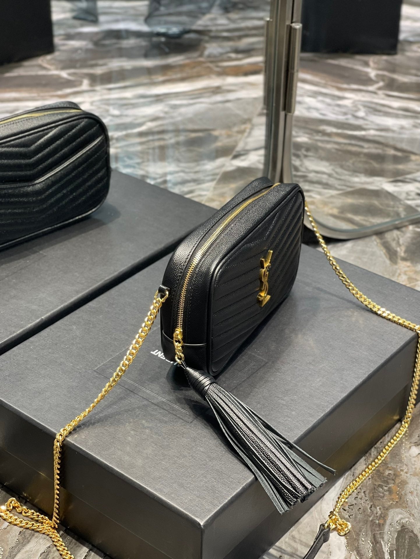 YSSL Lou Mini Bag Black In Quilted Grain De Poudre With Gold Hardware For Women 7in/19cm YSl 6125791GF011000