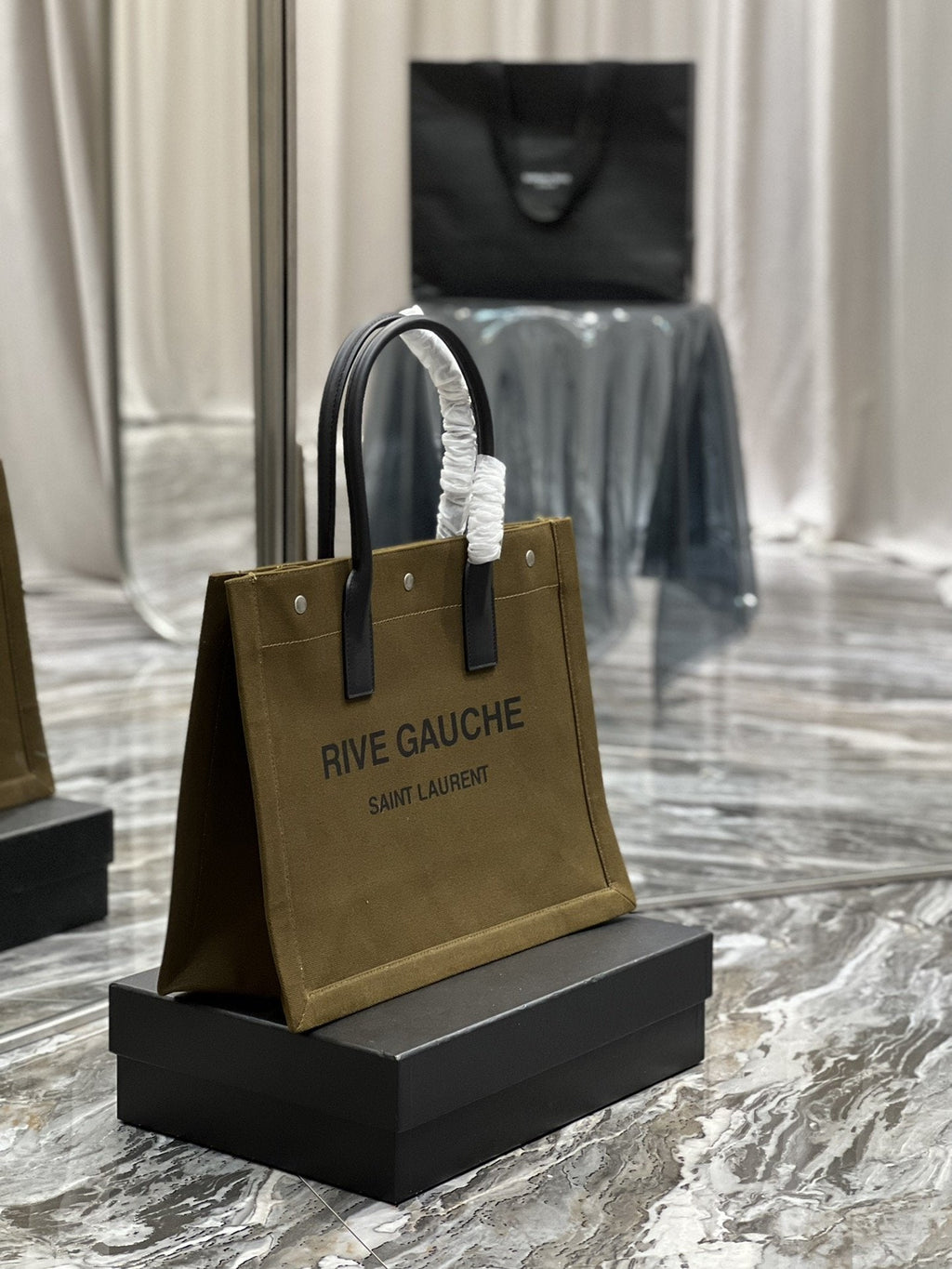 YSSL Rive Gauche Small Tote Bag In Linen Khaki Brown For Women 15in/39cm YSL